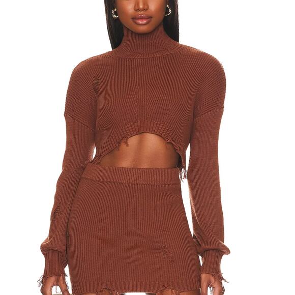 H:ours Brown Crop Turtleneck Sweater SMALL Distressed Revolve Designer $178 NEW - Picture 1 of 9